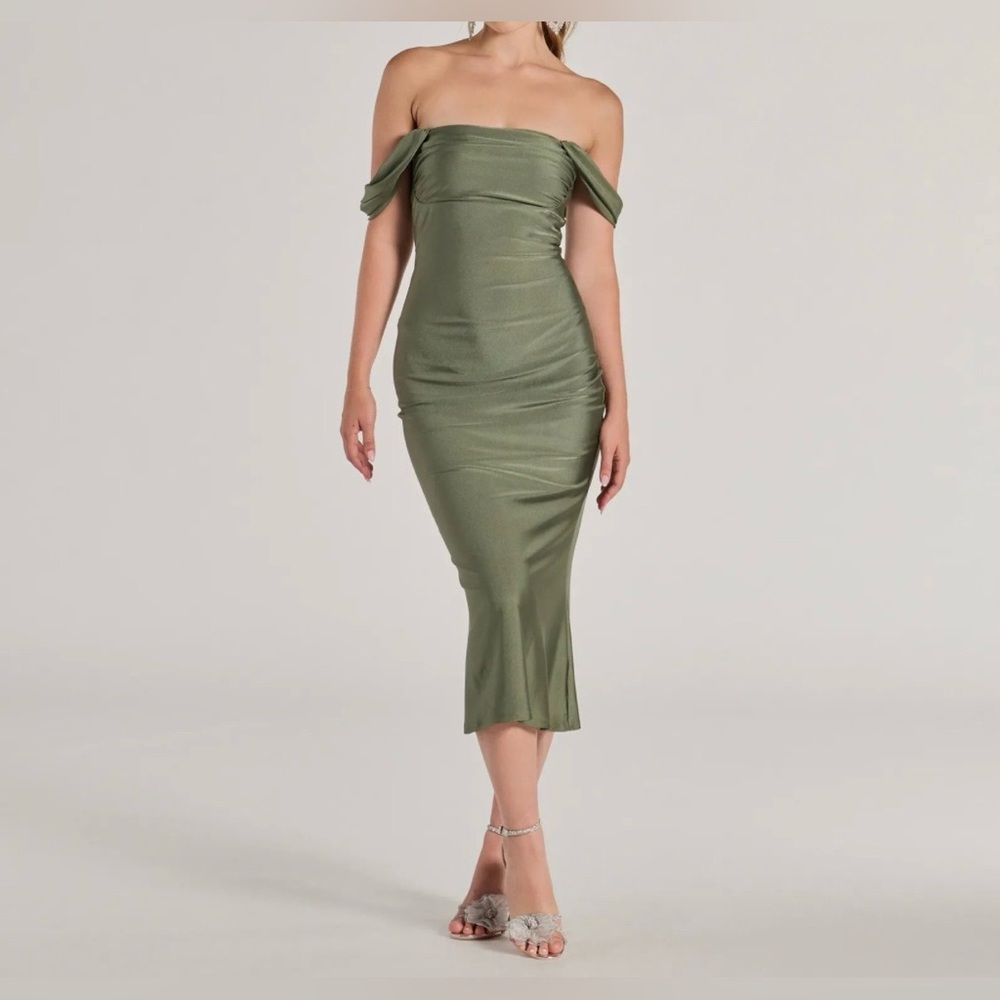 Windsor Off-The-Shoulder Flared Midi Dress -Sage